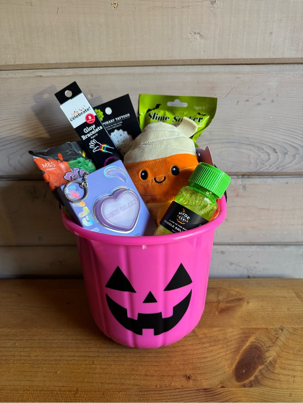 Pink Halloween Treat Bucket with Cute Plush and Party Favors